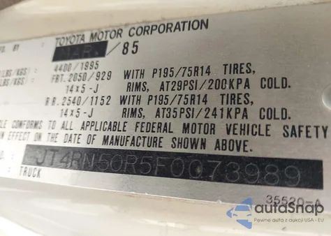 1985 Toyota Pickup 1/2 Ton Rn50 from USA, damaged, VIN JT4RN50R5F0073989